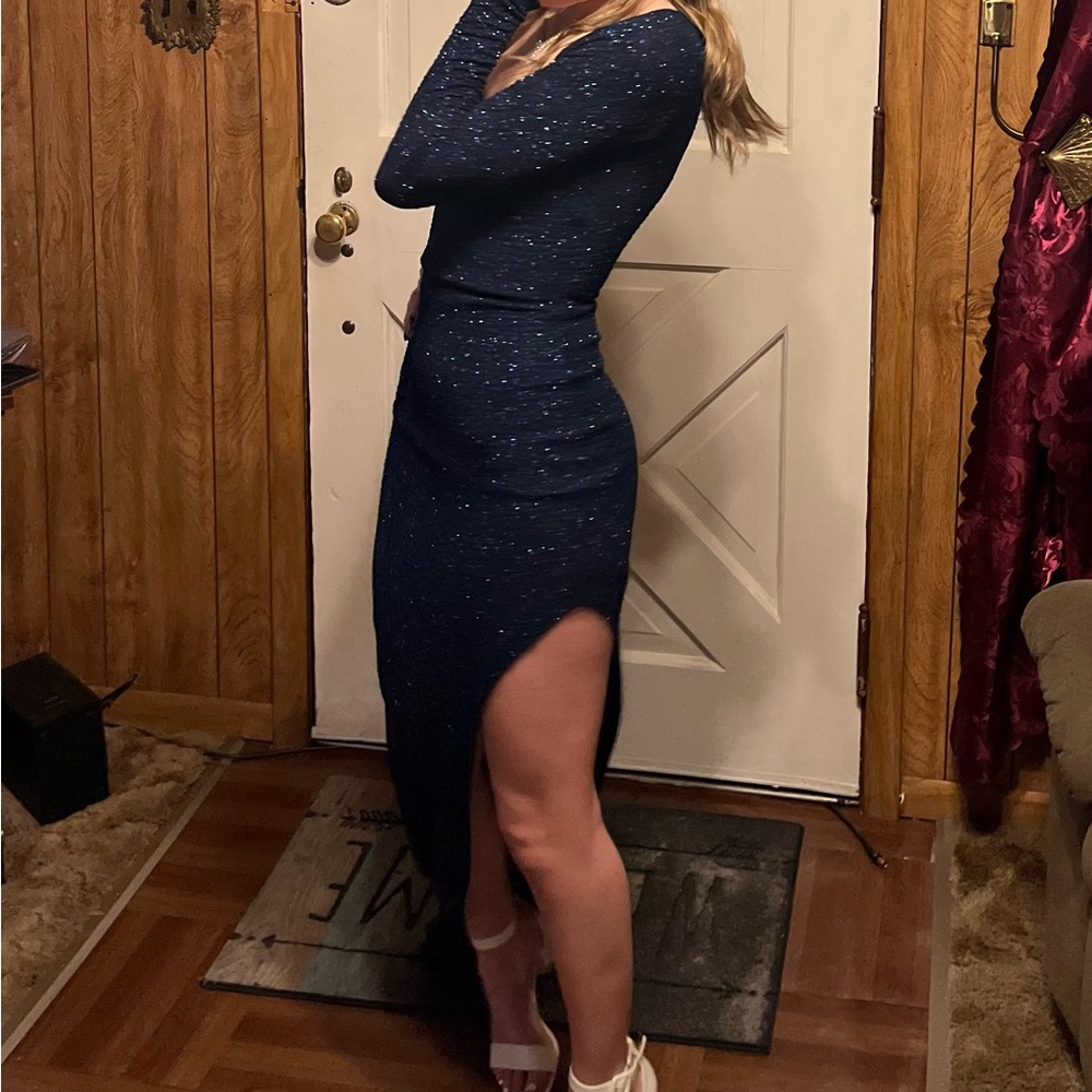 prom dress, windsor, size xs, dark blue with sparkles, long sleeve with leg slit